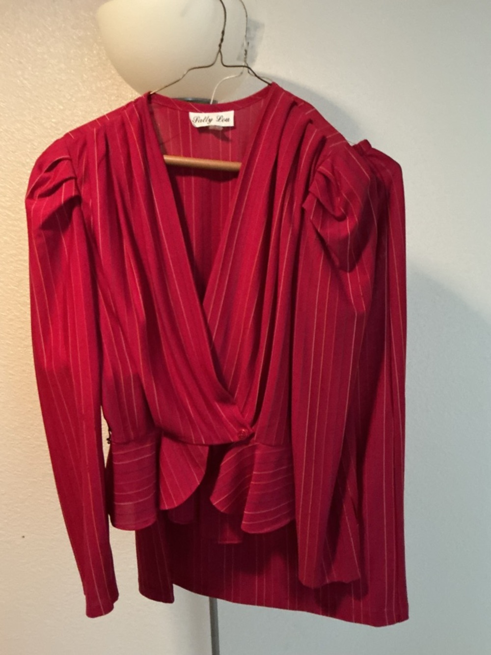Sally Lou Red Pinstripe Draped Blouse with Peplum. Fitted skirt. 2 Pc Suit